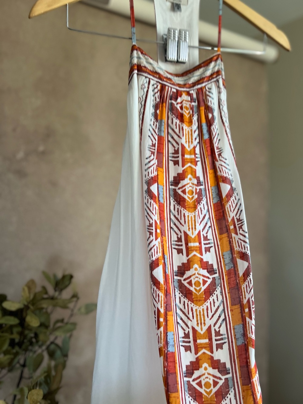 Boho White Mini Sun Dress with Orange and Turquoise Geometric Racerback Design - Picture 2 of 13
